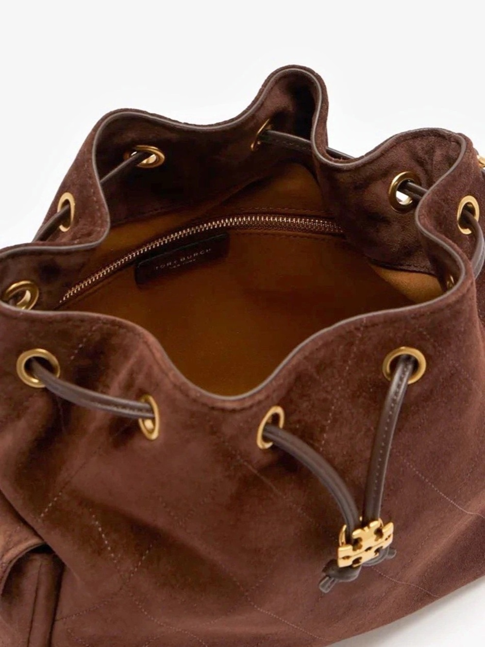 Tory Burch Charlie Quilted Suede Drawstring Shoulder Bag Brown - Picture 4 of 4